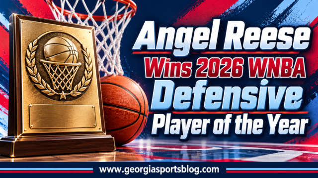 Navy, red and pale blue award graphic titled Angel Reese Wins 2026 WNBA Defensive Player of the Year with a basketball plaque and www.georgiasportsblog.com.