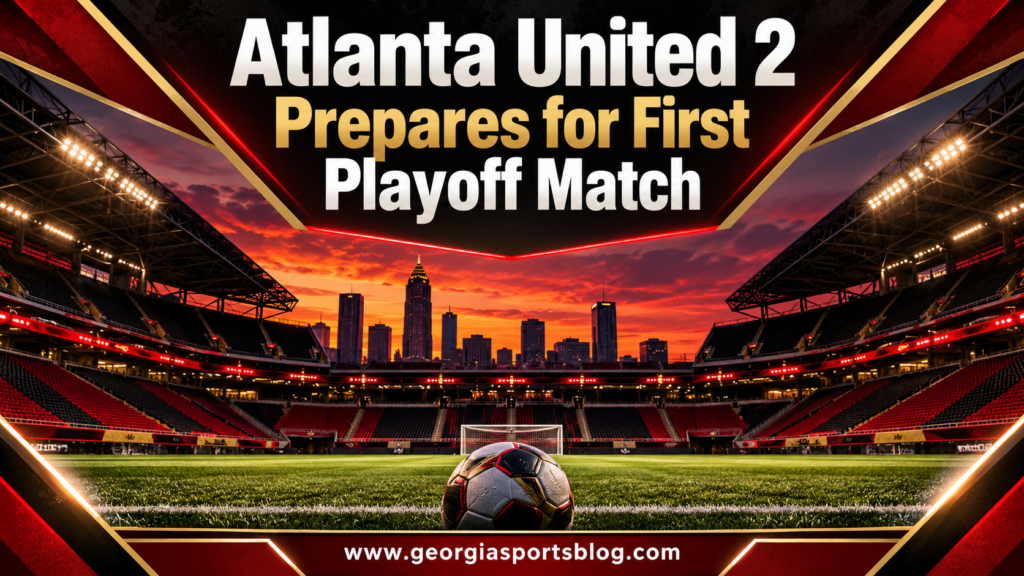 Red, black and gold soccer graphic titled Atlanta United 2 Prepares for First Playoff Match with an empty field and www.georgiasportsblog.com.