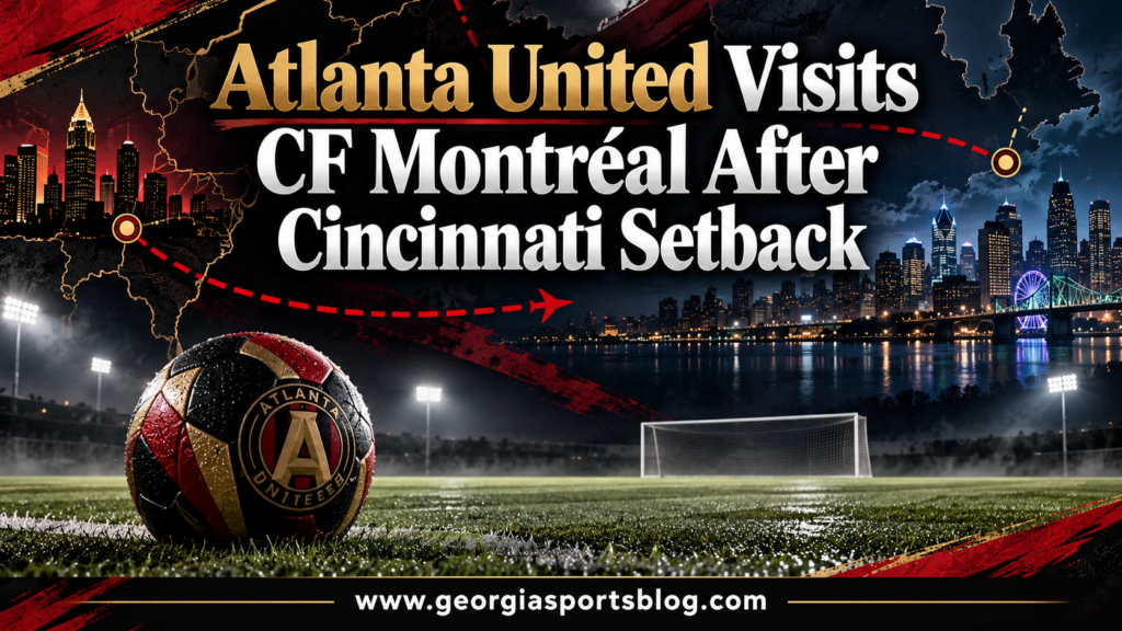 Red, black and gold soccer illustration titled Atlanta United Visits CF Montréal After Cincinnati Setback with www.georgiasportsblog.com.