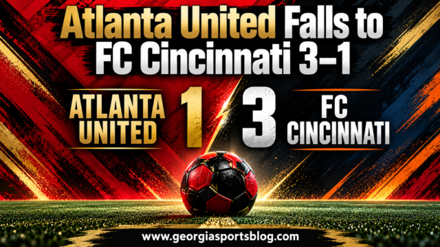 Red, black and gold soccer graphic titled Atlanta United Falls to FC Cincinnati 3–1 with the final score and www.georgiasportsblog.com.