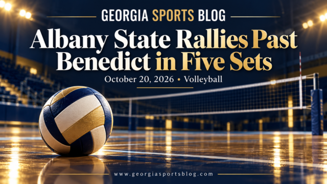 Georgia Sports Blog graphic for Albany State’s five-set volleyball comeback against Benedict on October 20, 2026, with a volleyball and an empty court.