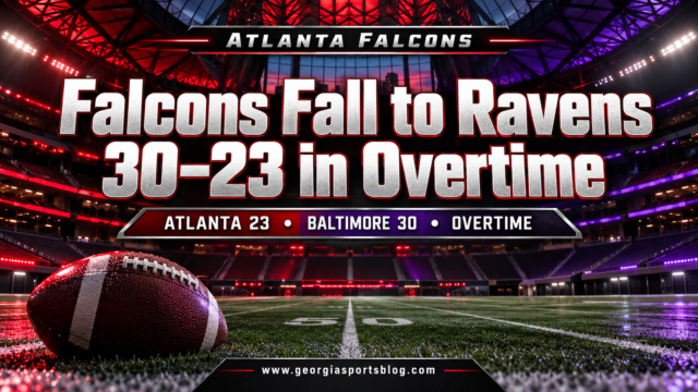 Falcons Fall to Ravens 30–23 in Overtime headline above an empty stadium with Atlanta red and black colors and www.georgiasportsblog.com.