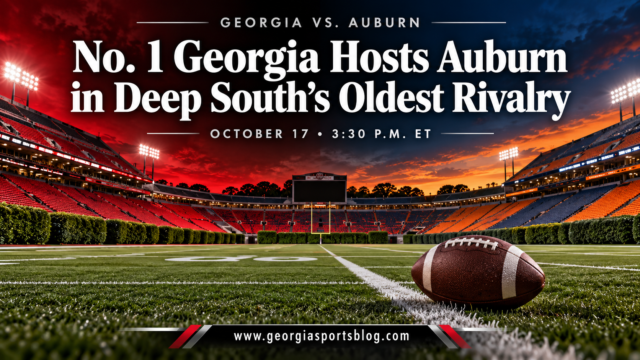 No. 1 Georgia Hosts Auburn in Deep South’s Oldest Rivalry headline over an empty field in Georgia and Auburn colors with www.georgiasportsblog.com.