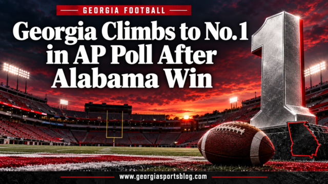 Georgia Climbs to No. 1 in AP Poll After Alabama Win headline with a metallic number one, empty football stadium and www.georgiasportsblog.com.