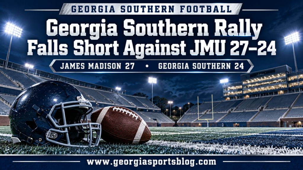 Navy and white football graphic with the title Georgia Southern Rally Falls Short Against JMU 27–24 and www.georgiasportsblog.com.