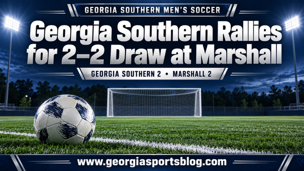 Navy and white soccer graphic titled Georgia Southern Rallies for 2–2 Draw at Marshall with a soccer ball, empty goal and www.georgiasportsblog.com.