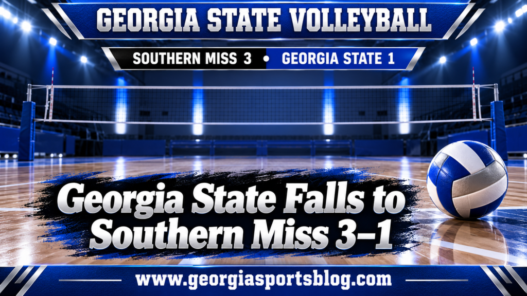 Blue and white empty volleyball court graphic titled Georgia State Falls to Southern Miss 3–1 with www.georgiasportsblog.com.