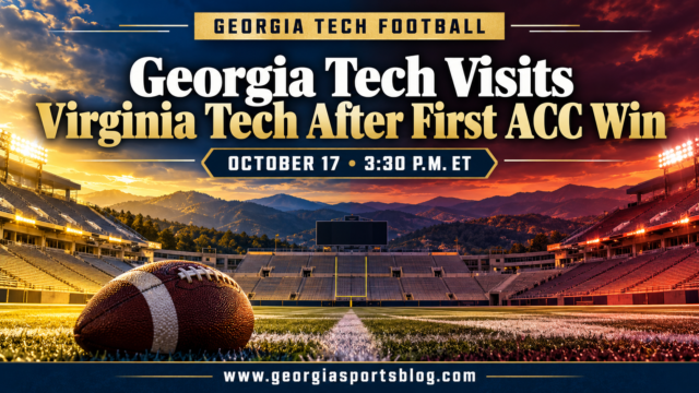Georgia Tech Visits Virginia Tech After First ACC Win headline over an empty stadium in gold, navy, maroon and orange with www.georgiasportsblog.com.