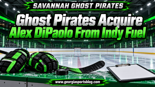 Ghost Pirates Acquire Alex DiPaolo From Indy Fuel headline with green hockey equipment and www.georgiasportsblog.com on an empty rink graphic.