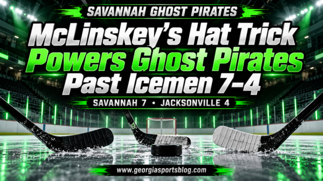 McLinskey’s Hat Trick Powers Ghost Pirates Past Icemen 7–4 headline above three sticks and a puck in green lighting with www.georgiasportsblog.com.