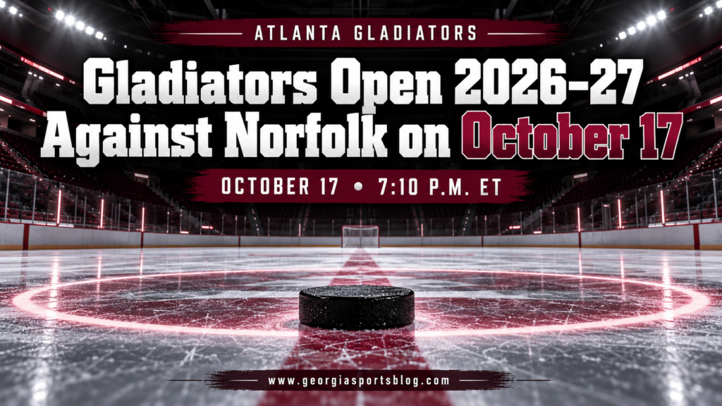 Gladiators Open 2026–27 Against Norfolk on October 17 headline over an empty maroon-lit hockey rink with www.georgiasportsblog.com.