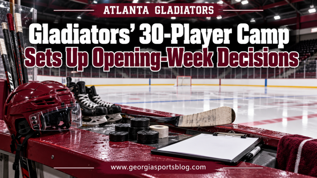 Gladiators’ 30-Player Camp Sets Up Opening-Week Decisions headline with maroon hockey equipment in an empty practice rink and www.georgiasportsblog.com.