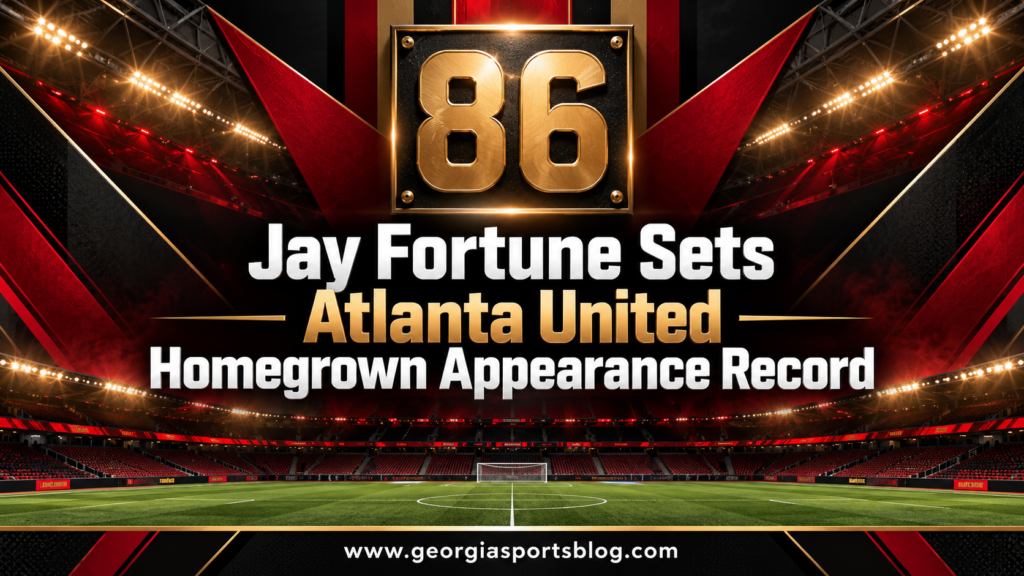 Red, black and gold graphic titled Jay Fortune Sets Atlanta United Homegrown Appearance Record with a gold 86 plaque and www.georgiasportsblog.com.