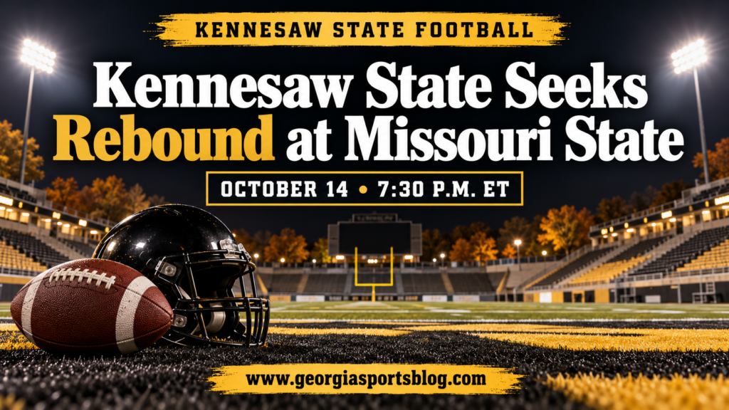 Black and gold football graphic titled Kennesaw State Seeks Rebound at Missouri State with Oct. 14 kickoff information and www.georgiasportsblog.com.