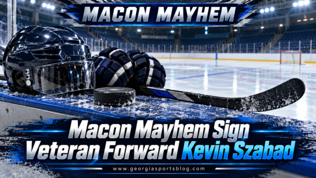 Macon Mayhem Sign Veteran Forward Kevin Szabad headline with blue hockey equipment in an empty rink and www.georgiasportsblog.com.