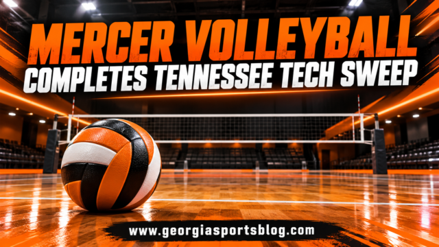 Orange, black and white volleyball graphic titled Mercer Volleyball Completes Tennessee Tech Sweep with www.georgiasportsblog.com.