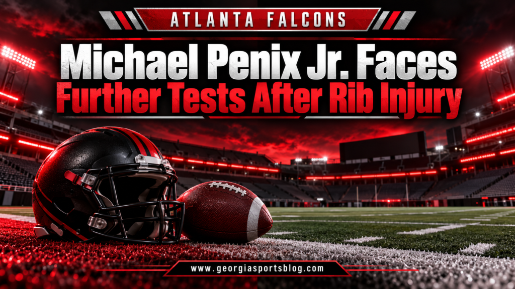 Michael Penix Jr. Faces Further Tests After Rib Injury headline with an empty football field, red helmet, football and www.georgiasportsblog.com.