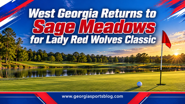 Blue, red and white golf graphic titled West Georgia Returns to Sage Meadows for Lady Red Wolves Classic with www.georgiasportsblog.com.